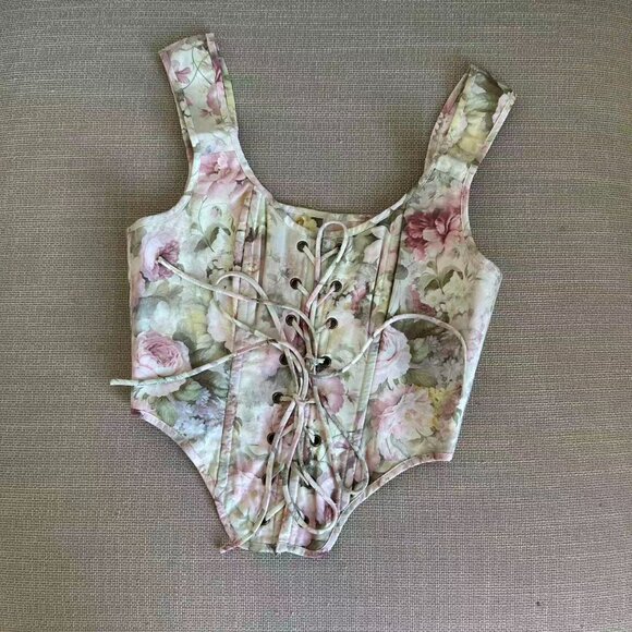 Selkie The Pammy Duchess Corset XSmall Lace Up Cropped Ivory Blush Floral Top - Picture 4 of 8